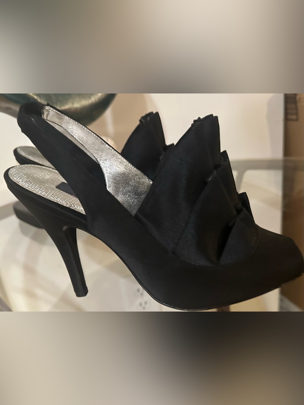 Nina New York Black Satin Peep-Toe Slingback Heels with Ruffle Detail